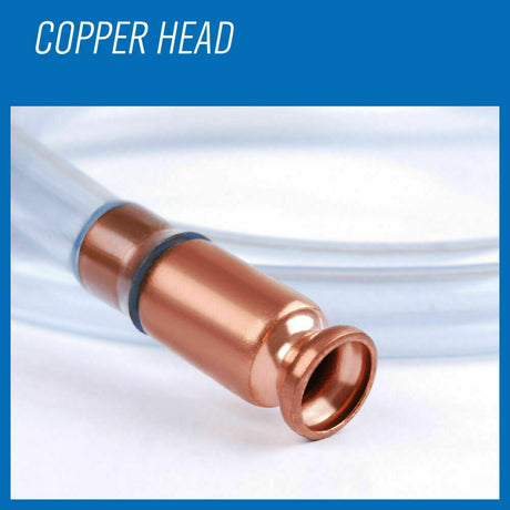 Syphon Jiggler Hose Pump featuring a 1.8-meter clear hose with a copper pump attachment. Designed for safe and efficient transfer of liquids, the anti-static hose is perfect for water, fuels, paints, and solvents. Easy-to-use with self-priming jiggle action, capable of transferring up to 3.5 gallons per minute