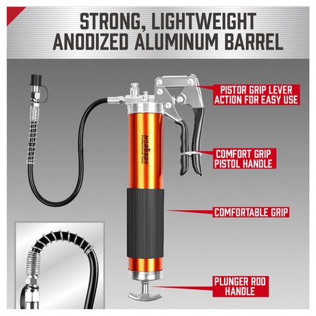 Durable 7000PSI Grease Gun Kit - Features Solid Steel Barrel, Rubber Sleeve, 18" Flex Hose, and 14.1 oz Cartridge for Efficient Lubrication
