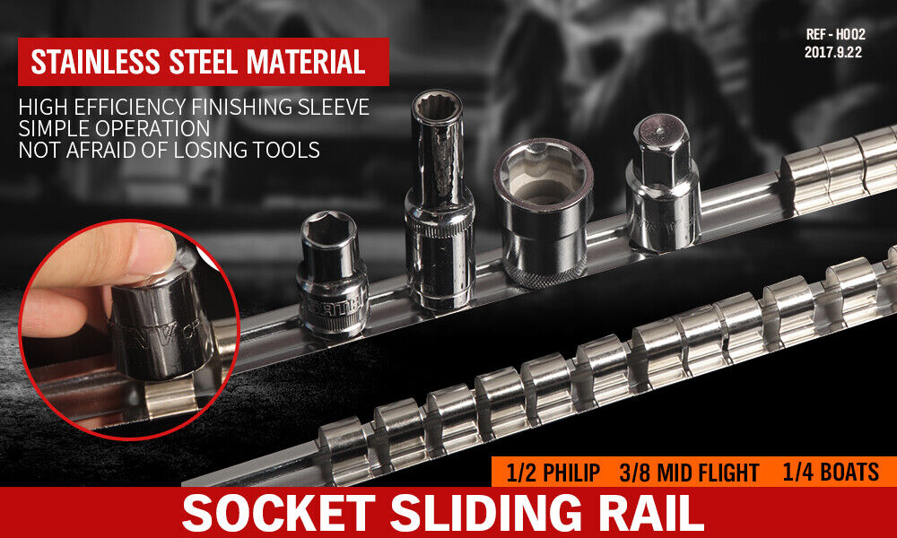 Durable 3-piece universal socket holder rail set for 1/4", 3/8", and 1/2" drive sockets.