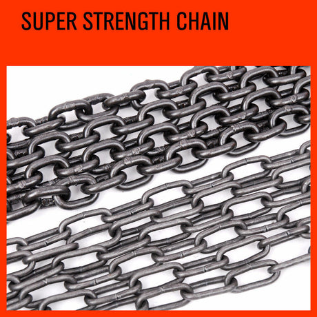 Heavy-duty 2 ton block and tackle with a 2.5M lifting chain, featuring 360-degree swivel hooks and automatic brake for secure hoisting