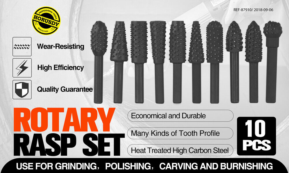 Professional 10-Piece Rotary Drill Bit Set with Wood Rasp Burrs for Precision Grooving and Polishing on Timber