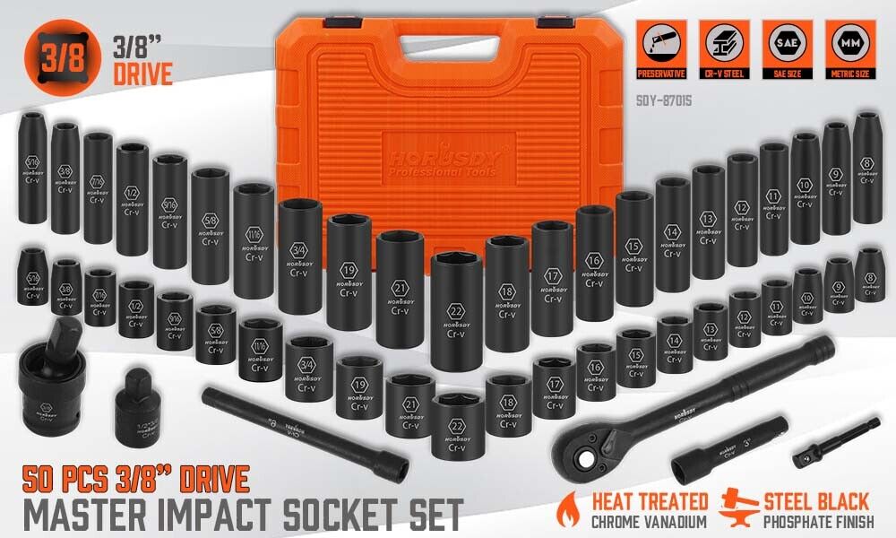 Comprehensive 50Pc 3/8" Impact Socket Set with Ratchet, Extensions, Metric & SAE Sizes, Durable Case Included