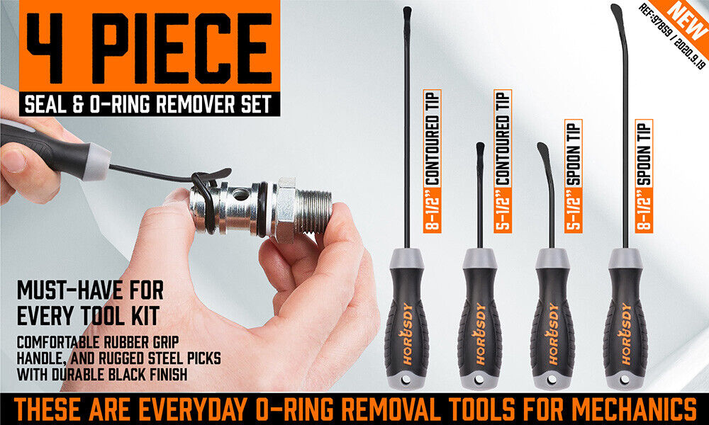 Four-piece Seal and O-Ring Removal Tool Set, designed for easy and damage-free removal of seals and O-rings. This set includes two contoured tips and two spoon tips, crafted from durable and solid chrome vanadium (CR-V) material, perfect for automotive and machinery maintenance