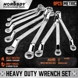 A complete set of 9 metric HORUSDY spanners with 75-degree offset and double box ends, displayed with a mirror finish for durability and precision.