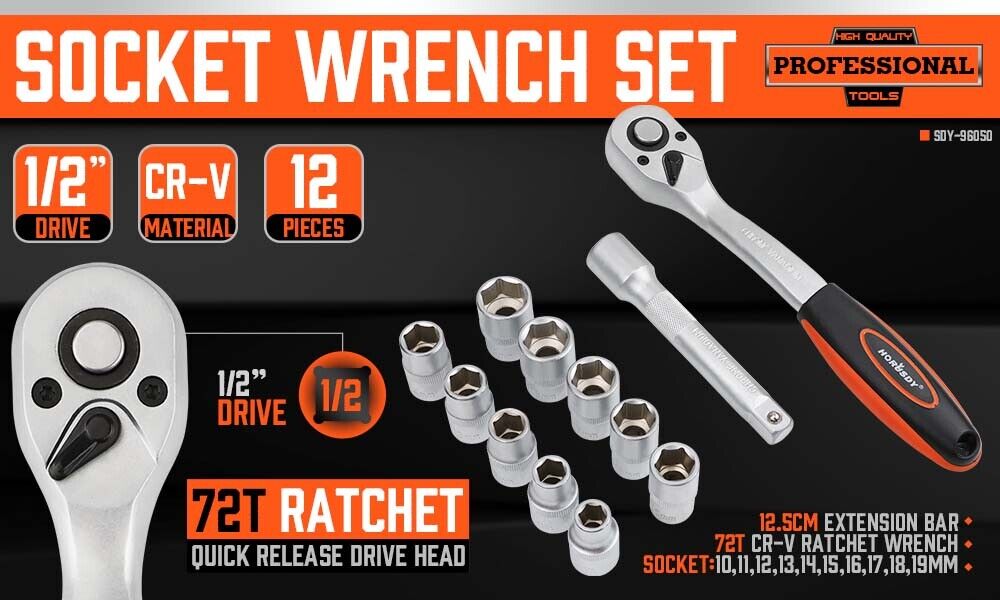 HORUSDY 12-Piece Ratchet Socket Wrench Set, Chrome-Plated Metric Sockets, and Extension Bar, with Convenient Storage Rack