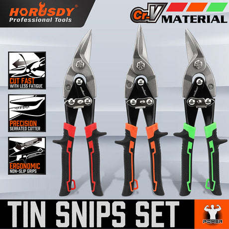 HORUSDY 250mm Aviation Tin Snips Set with Left, Right, and Straight Cutters, featuring High-Leverage, Serrated-Edge Blades for Metal and Steel Sheet Cutting