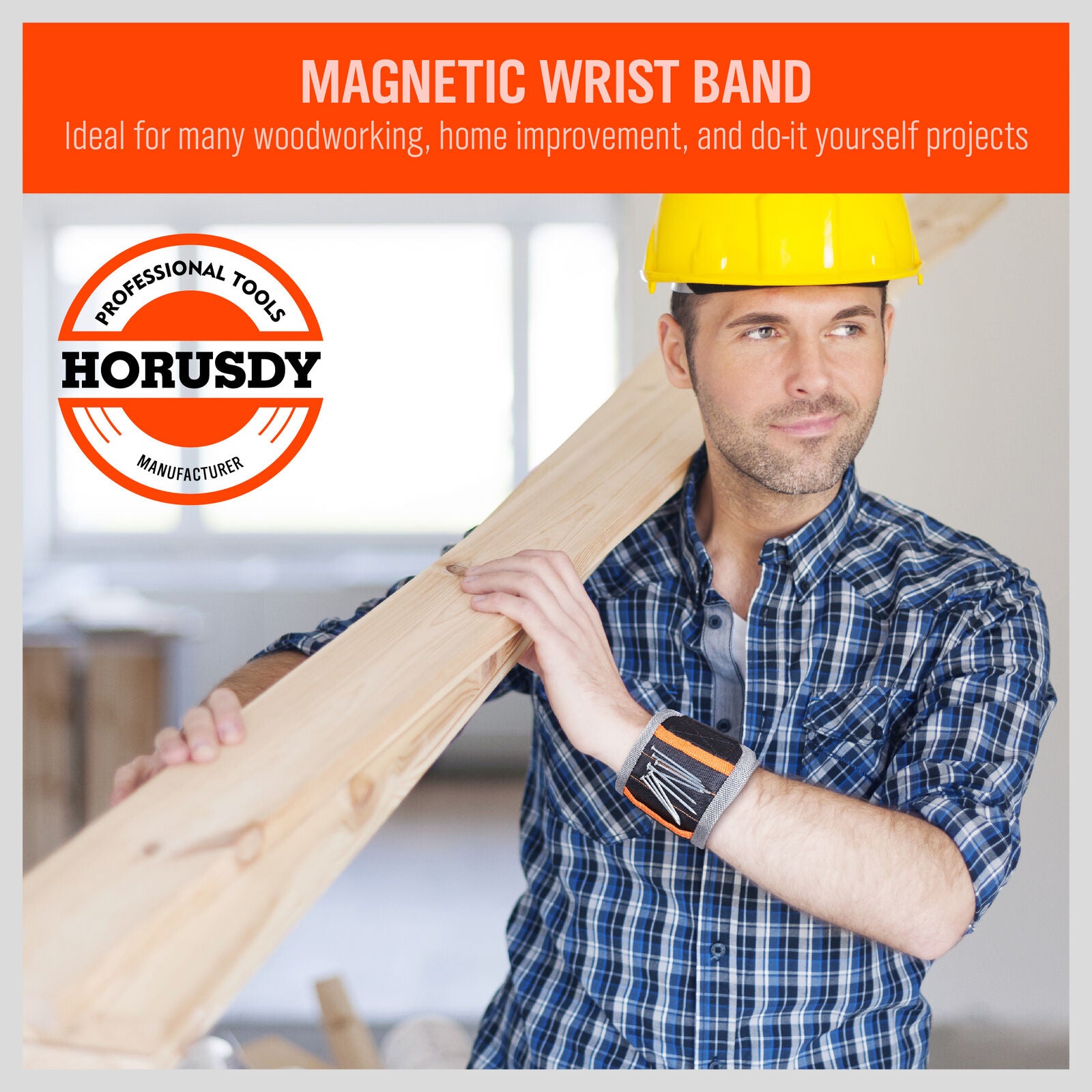 Adjustable magnetic wristband with strong magnets for securing screws, bolts, and nails.