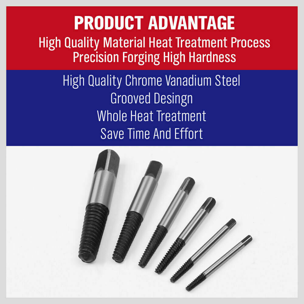 Heavy-duty 6Pc Damaged Screw Extractor Kit designed for easy removal of stripped, rusted, or broken screws and bolts. Includes reverse thread bits in various sizes with durable black oxidation finish.