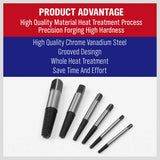 Heavy-duty 6Pc Damaged Screw Extractor Kit designed for easy removal of stripped, rusted, or broken screws and bolts. Includes reverse thread bits in various sizes with durable black oxidation finish.