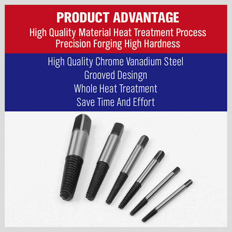Heavy-duty 6Pc Damaged Screw Extractor Kit designed for easy removal of stripped, rusted, or broken screws and bolts. Includes reverse thread bits in various sizes with durable black oxidation finish.