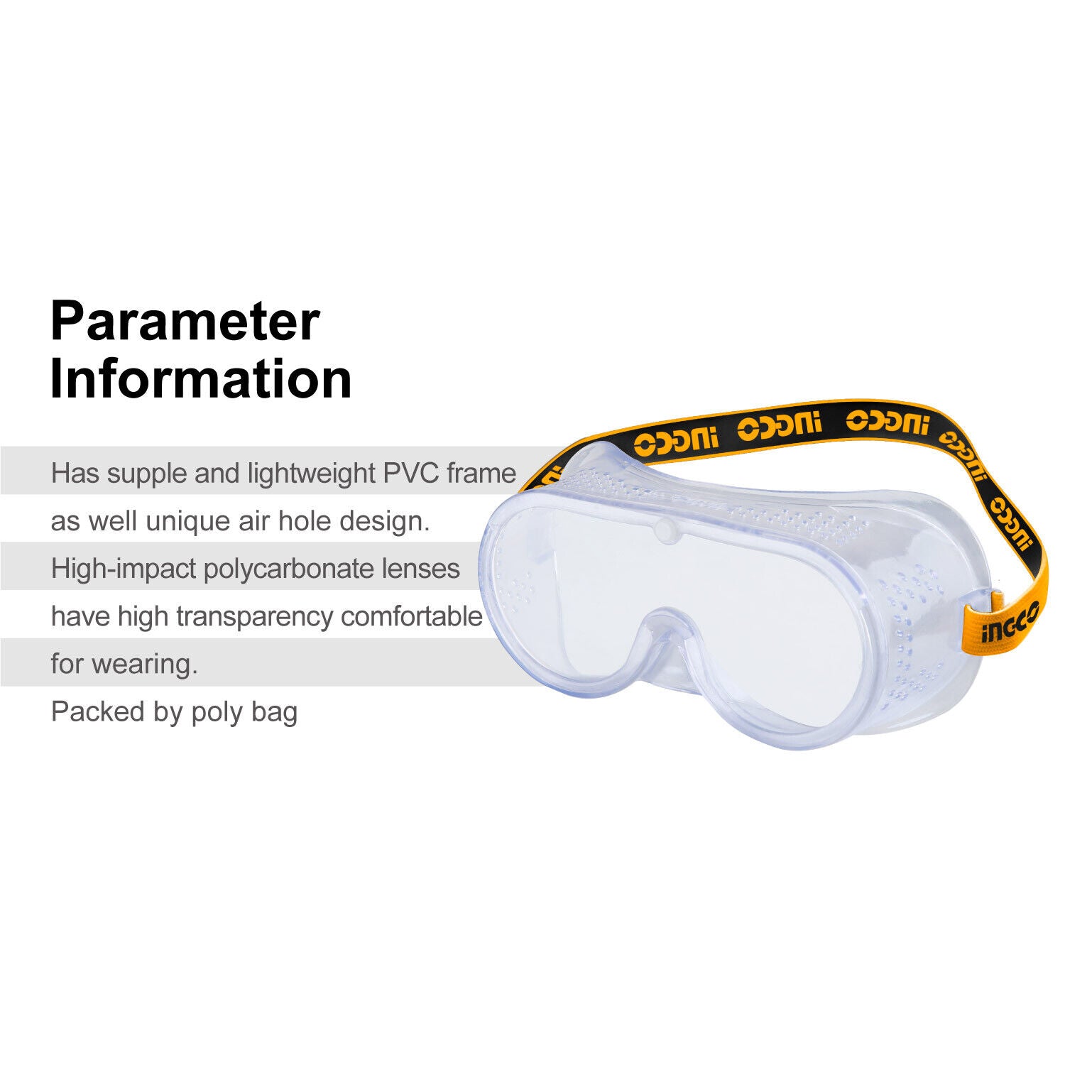 INGCO Clear Safety Glasses with Lightweight PVC Frame and Unique Air Hole Design for Comfortable, Dust-Proof Eye Protection