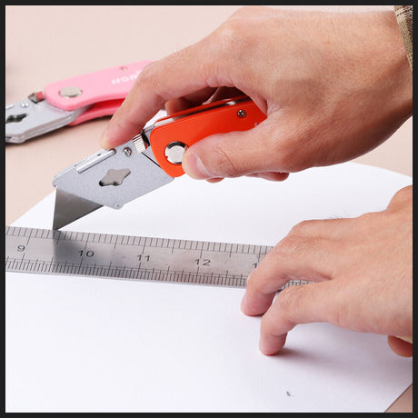 Set of four folding utility knives in Black, Blue, Orange, and Pink colors, featuring quick-change mechanism and back-lock mechanism, ideal for DIY projects, cutting cardboard, carpet, and more. The set includes 10 extra SK5 material blades and a convenient storage carry bag