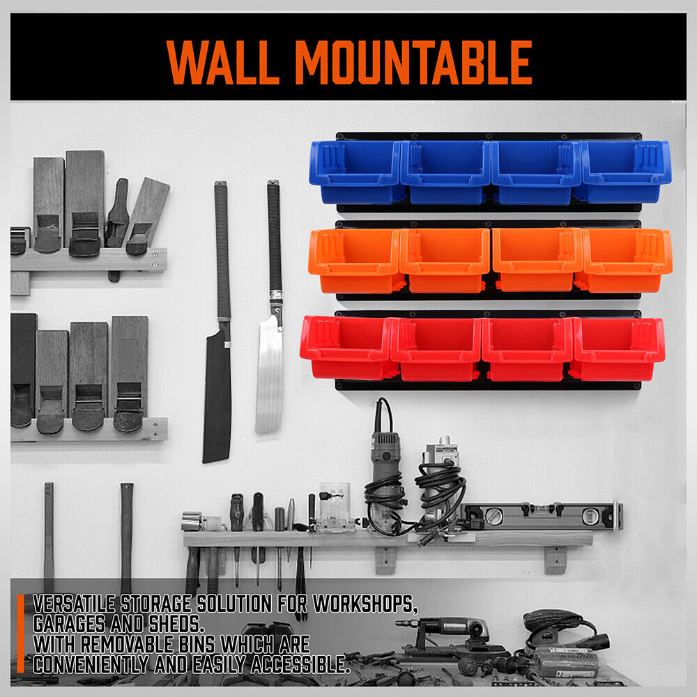 12-Piece Wall Mountable Storage Bins and Tool Organizer Box Set for Efficient Workshop Organization