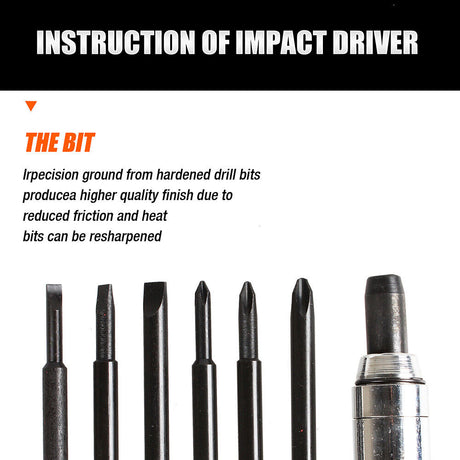 6Pc Impact Driver Set with Phillips, Slotted, and Flat Punch Bits in a Steel Case