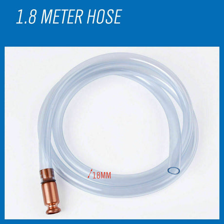 Syphon Jiggler Hose Pump featuring a 1.8-meter clear hose with a copper pump attachment. Designed for safe and efficient transfer of liquids, the anti-static hose is perfect for water, fuels, paints, and solvents. Easy-to-use with self-priming jiggle action, capable of transferring up to 3.5 gallons per minute