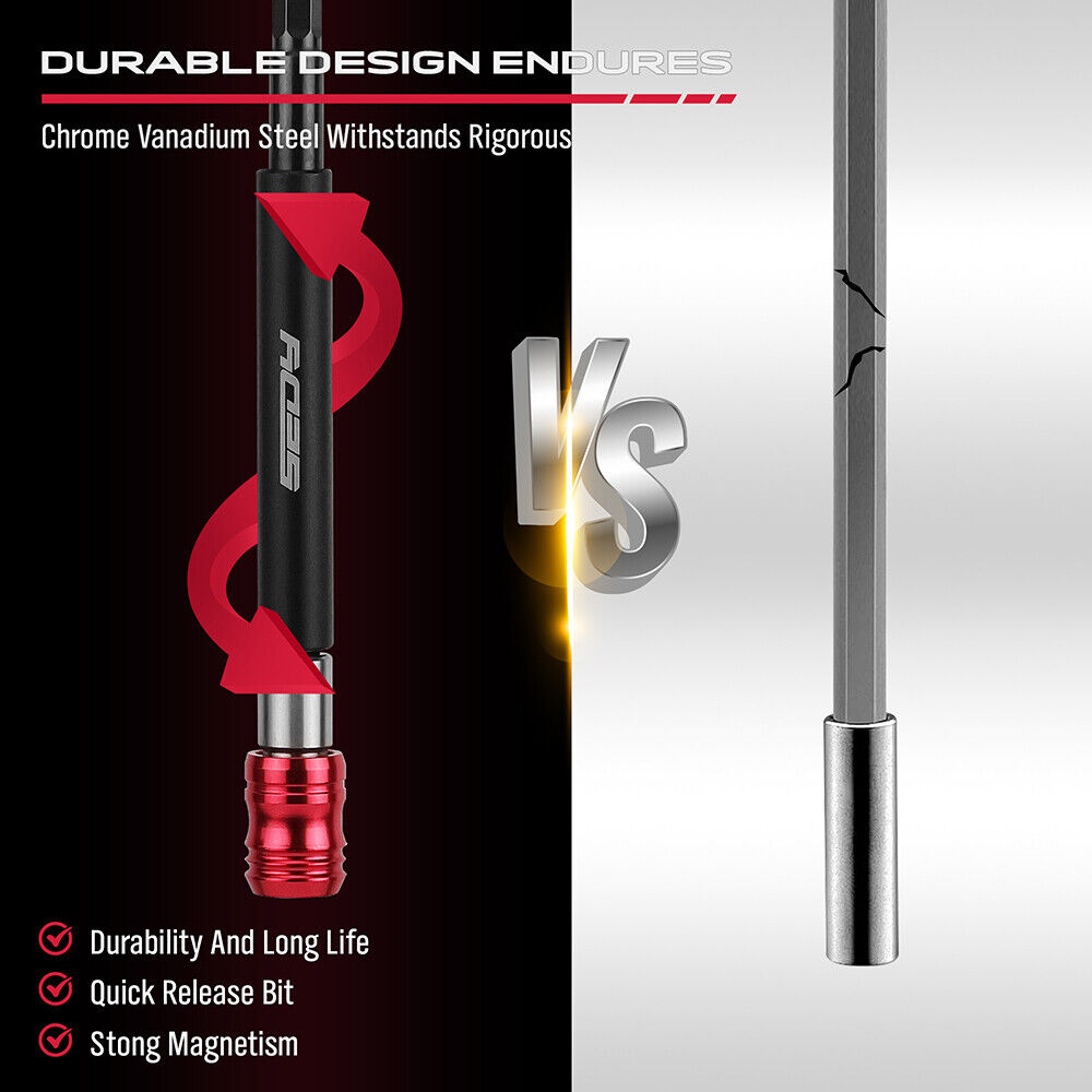 Set of 5 SEDY magnetic drill bit extensions in various lengths, with 1/4" hex shank, red quick release, and strong magnetism for secure bit hold.