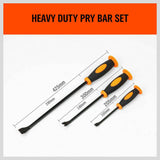  Robust 3-Piece Impact Pry Bar Set with go-through design for optimal striking force and comfort grip handles with guards for secure handling.