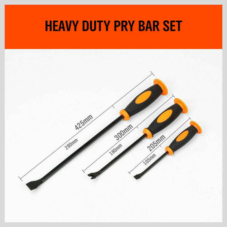 Robust 3-Piece Impact Pry Bar Set with go-through design for optimal striking force and comfort grip handles with guards for secure handling.