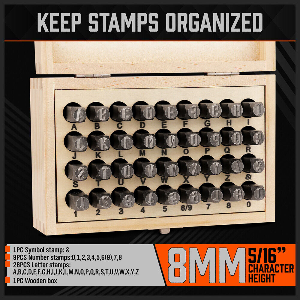 HORUSDY 36-Piece Carbon Steel Stamp Punch Set - 8mm Letters and Numbers with Wooden Storage Box