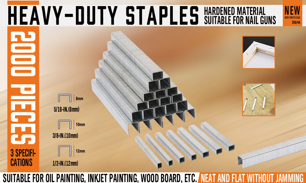 Pack of 2000 heavy-duty door-shaped staples for staple guns, in sizes 8mm, 10mm, and 12mm, suitable for stapler refills