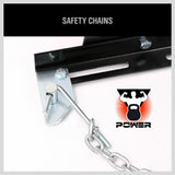 Sturdy 500KG Transmission Jack Adapter in black, featuring an adjustable saddle, corner brackets for universal fit, safety chains, and an automatic release valve. Constructed from heavy-duty steel for maximum durability