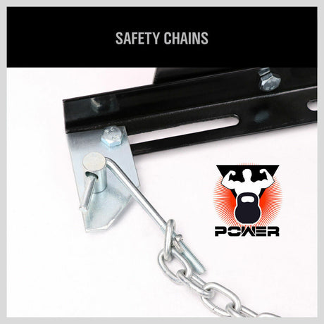 Sturdy 500KG Transmission Jack Adapter in black, featuring an adjustable saddle, corner brackets for universal fit, safety chains, and an automatic release valve. Constructed from heavy-duty steel for maximum durability