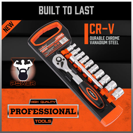 HORUSDY 12-Piece Ratchet Socket Wrench Set, Chrome-Plated Metric Sockets, and Extension Bar, with Organizing Rack