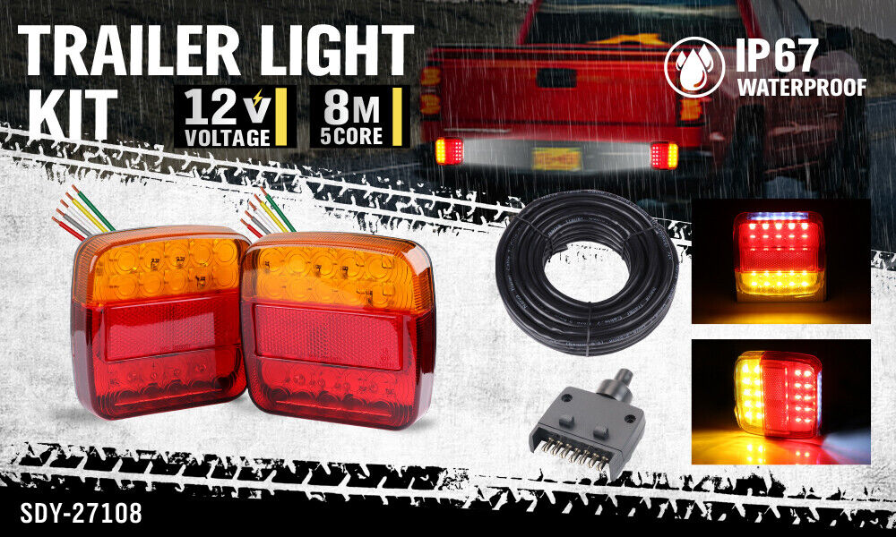 HORUSDY 12 LED Trailer Tail Light Kit, 100x100x23mm, 12V with 8m 5-Core Cable and 7-Pin Plug, Waterproof, Ideal for Caravans and Utes
