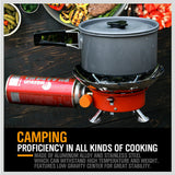 Compact and windproof outdoor gas burner, ideal for camping and outdoor cooking. Folding design for easy portability, with a sturdy and stable build