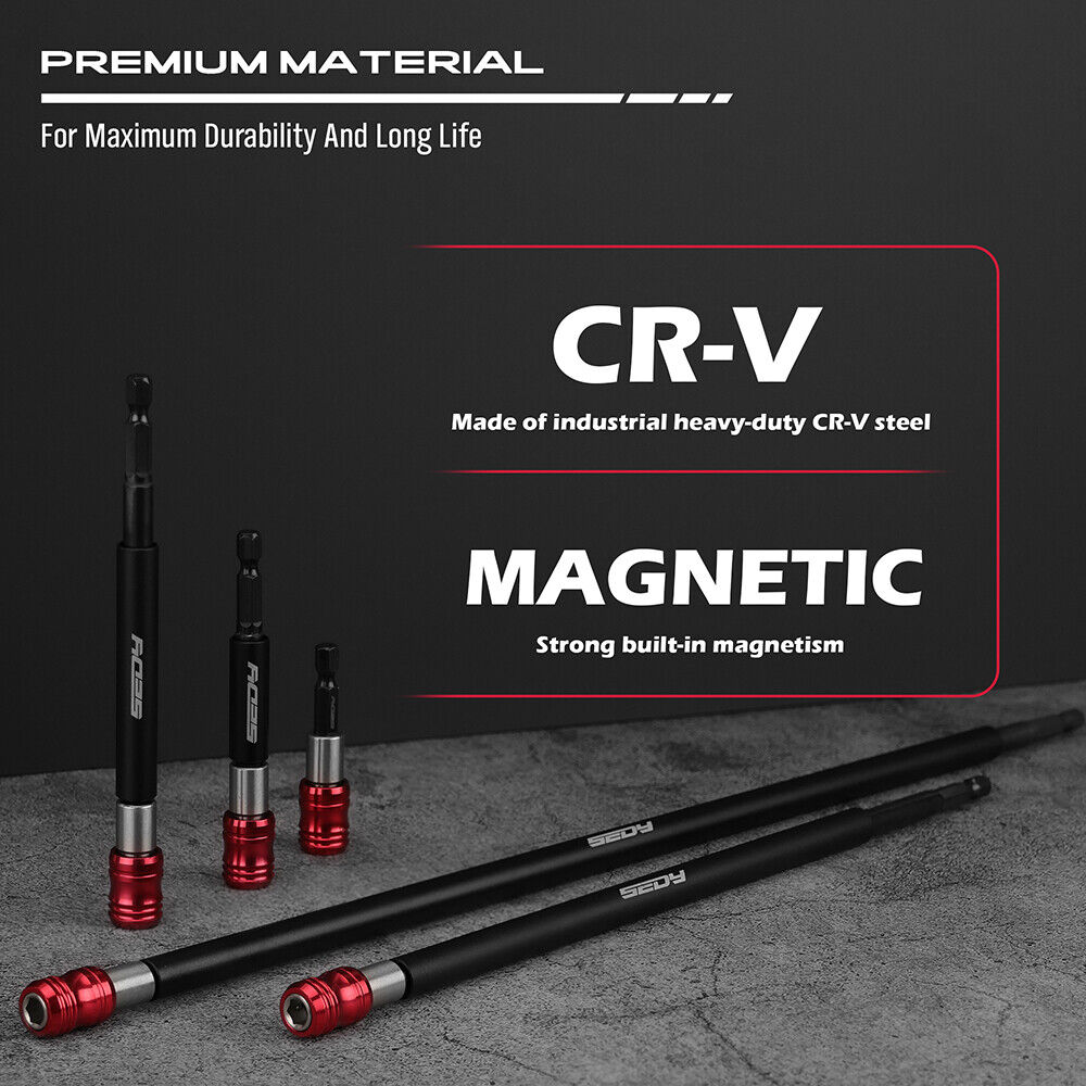 Set of 5 SEDY magnetic drill bit extensions in various lengths, with 1/4" hex shank, red quick release, and strong magnetism for secure bit hold.