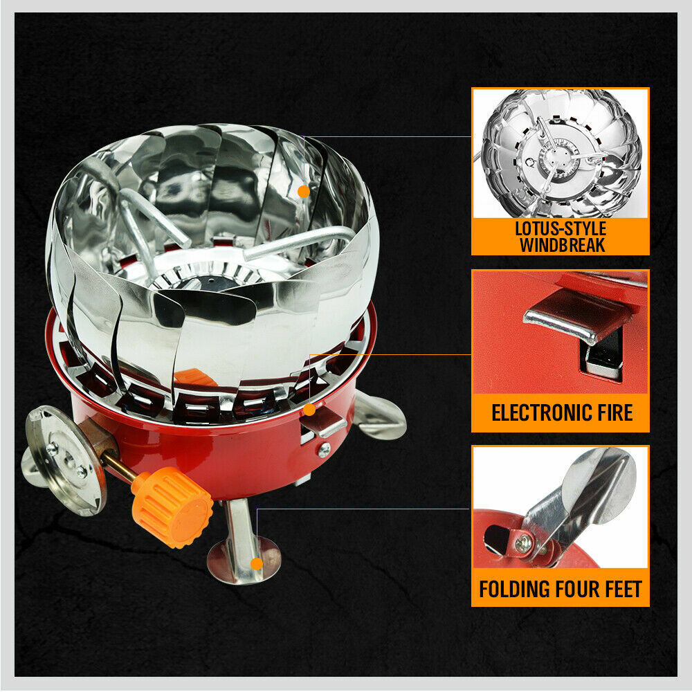 Compact and windproof outdoor gas burner, ideal for camping and outdoor cooking. Folding design for easy portability, with a sturdy and stable build