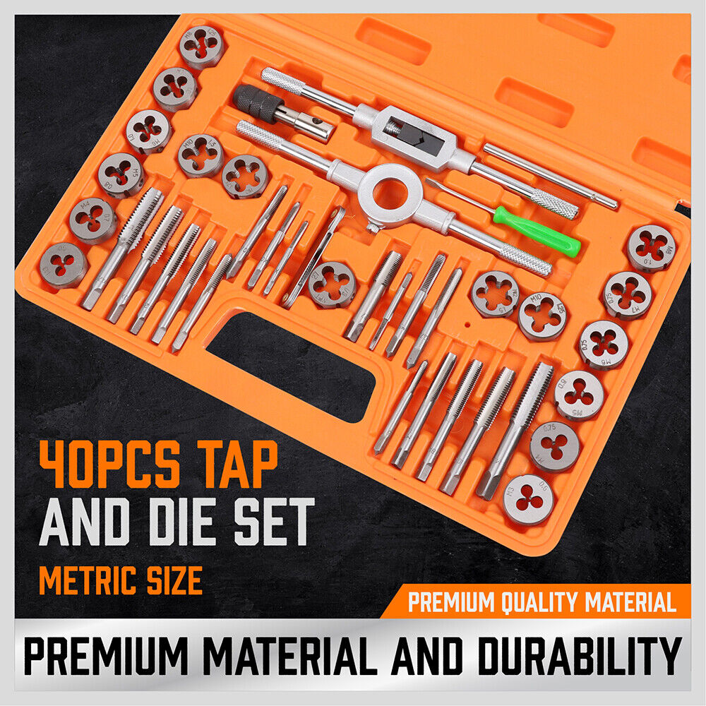 Durable 40 Piece Tap and Die Set in Metric Sizes with Screwdriver Thread Drill and Pitch Gauge