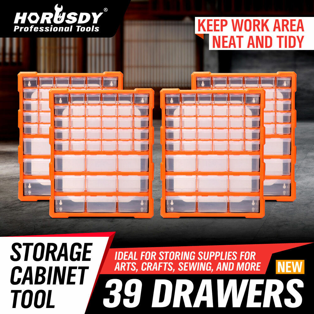 Heavy-duty 39-drawer cabinet set with anti-skid pads, mounting options and durable build for functionally organizing high volumes of tools, parts and industrial/commercial supplies in work environments. 
