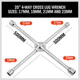 Heavy-Duty 20-Inch 4-Way Cross Wheel Wrench with 17mm, 19mm, 21mm, 23mm Sockets