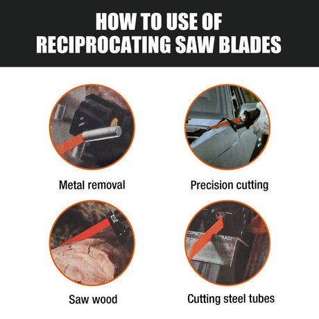 Multi-Pack of 10 Reciprocating Saw Blades for Wood and Metal Demolition Cutting, Including Bi-Metal and High-Carbon Steel Blades