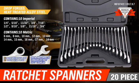 20-Piece Ratchet Spanner Set with Both Metric and Imperial Sizes, Chrome Vanadium Construction, Open End and Ring Wrenches