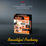 Round 3-inch steel bench block with mirror polish and soft base for jewelry stamping, including two punches.