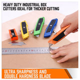 Set of 4 utility knives with snap-off blades, featuring retractable grip handles and a pack of 10 spare blades. Ideal for daily use in cutting cardboard, paper, wires, PVC, and crafts