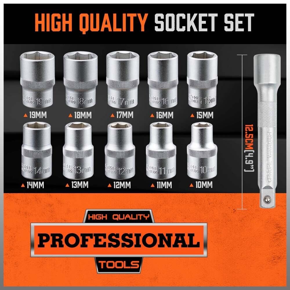 HORUSDY 12-Piece Ratchet Socket Wrench Set, Chrome-Plated Metric Sockets, and Extension Bar, with Convenient Storage Rack