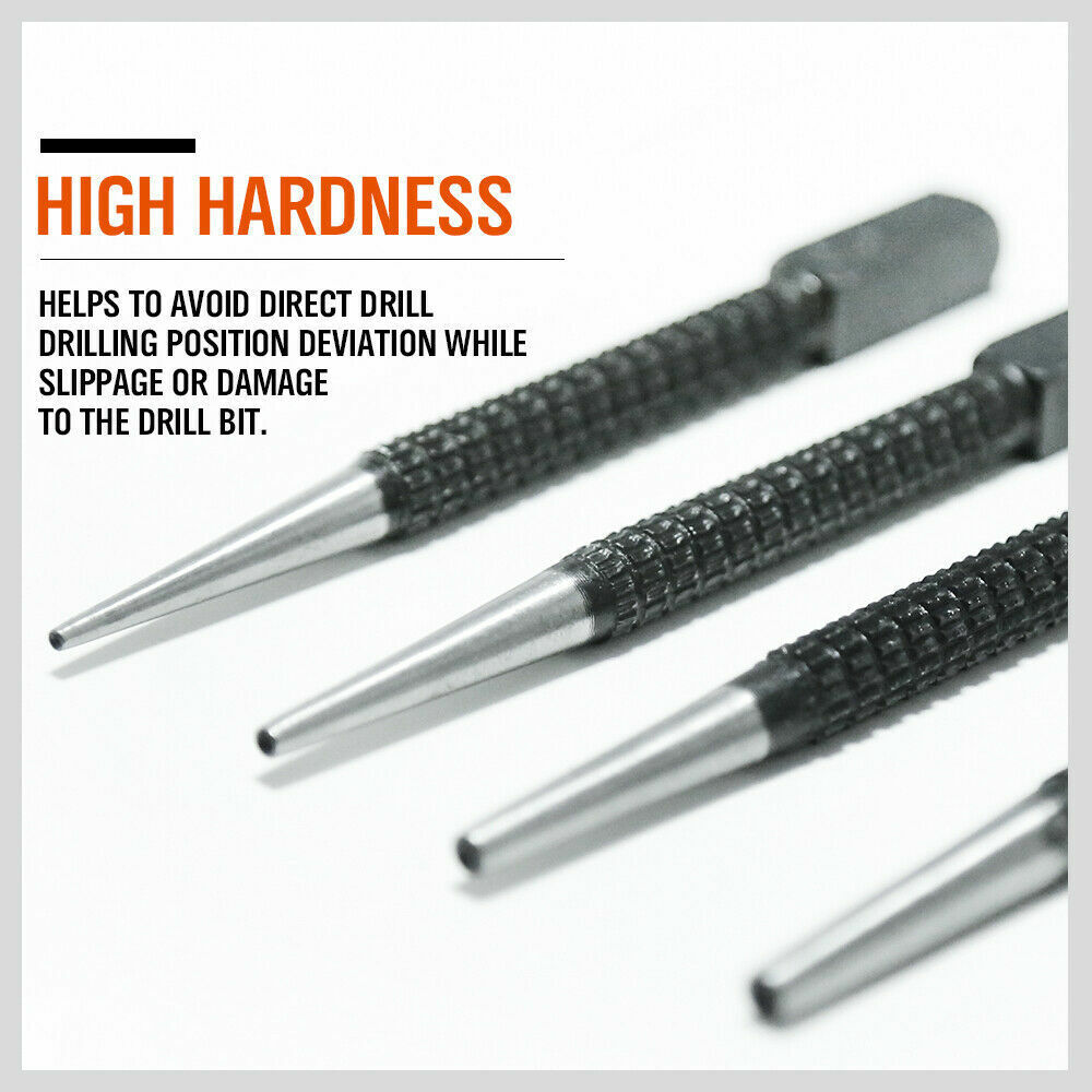 Four-piece Nail Punch Set, crafted from heavy-duty solid steel, featuring sizes 0.8, 1.6, 2.4, and 3.2 mm. The set provides a knurled body for an excellent grip, heat-treated for durability, with a square head design to prevent rolling and ensure a larger striking area
