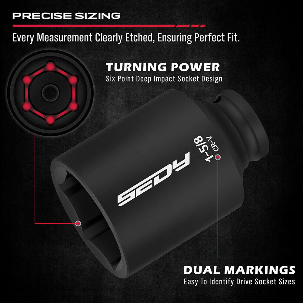 SEDY 8Pcs Deep Impact Socket Set with SAE Measurements and Adapter for Axle Nut Wrenches