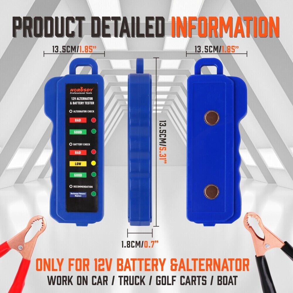 Compact Digital 12V Alternator Battery Tester - Features 6 LED Display and Testing Clips for Cars and Motorcycles