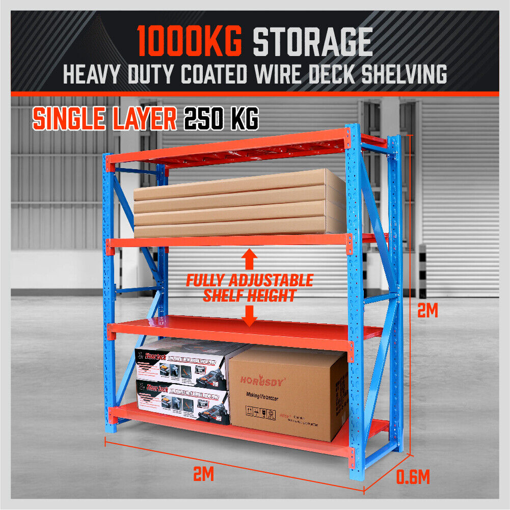 Robust 2m x 2m steel rack shelves with a 1000kg total capacity, featuring a high-grade powder-coated finish, free-standing design, and easy click-in assembly system