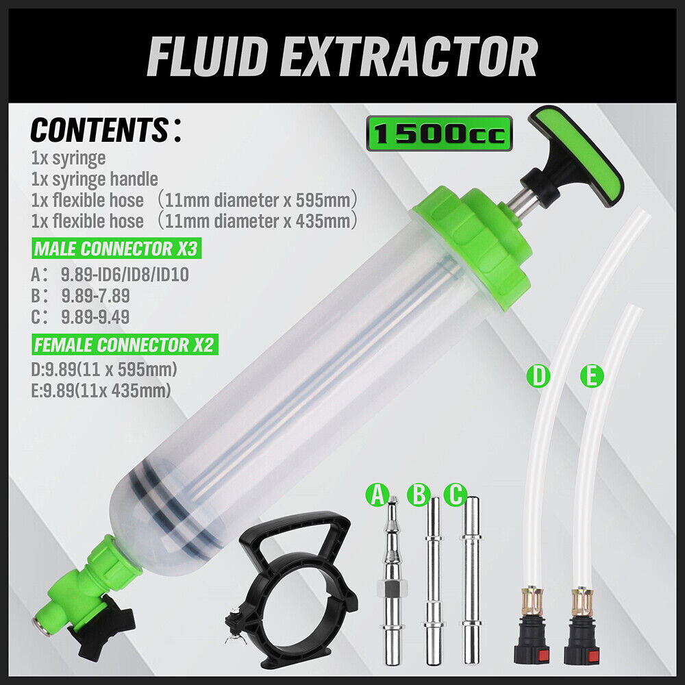 SWANLAKE 1.5 Liter Oil Extractor Fluid Transfer Pump with Fittings and Hose. Perfect for automotive, motorcycle, and machinery maintenance, easily extracting and refilling fluids like brake fluid and gear oil. Ergonomic handle design for comfortable use, clear tank with measurement scale for precise fluid management