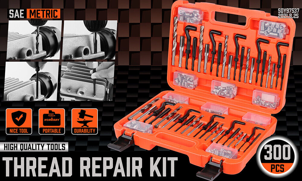 Comprehensive 300-Piece Thread Repair Kit Including HSS Drills, Helicoil Taps, and Inserts