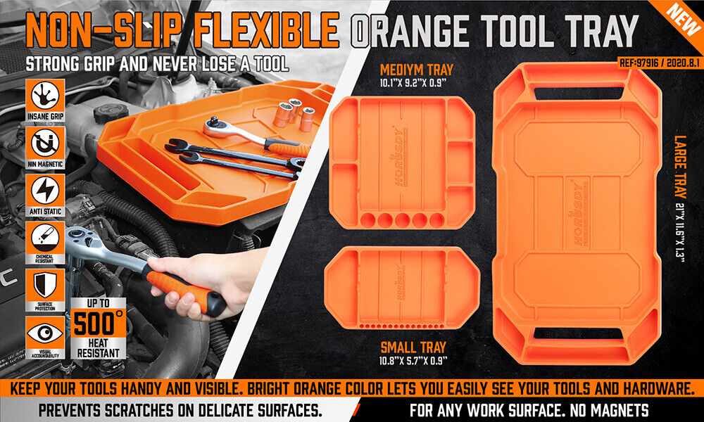Set of three non-slip, flexible silicone tool trays in different sizes for organizing parts and tools in a workshop.