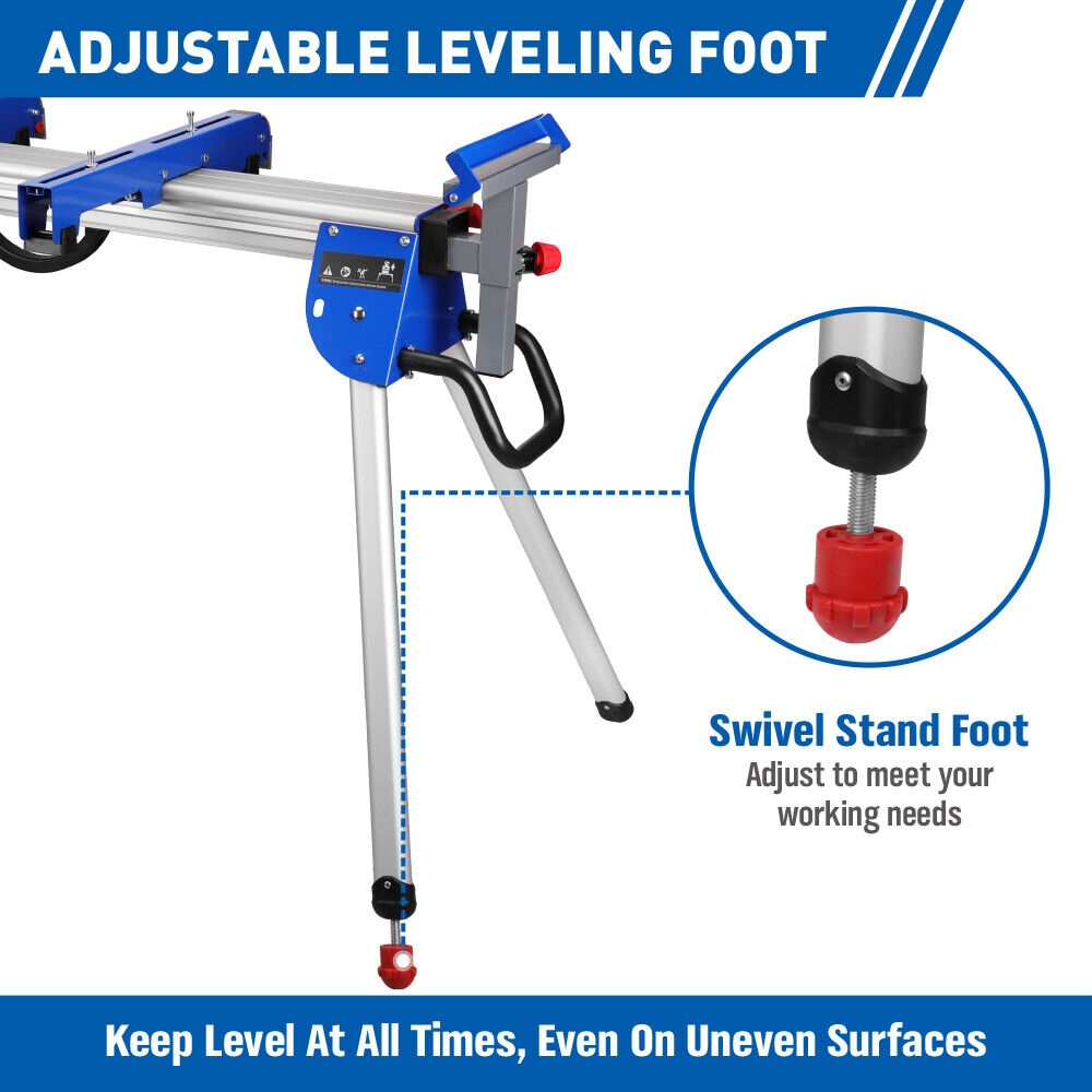 A miter saw stand featuring one-piece mounting brackets, a 45-inch sliding rail, and a 500lb capacity, designed for heavy-duty use and easy folding for storage.