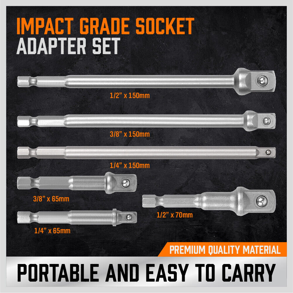 Heavy-Duty 6Pc Drill Socket Adapter Set - Long & Short Combination, Ideal for Impact Drivers and Power Drills