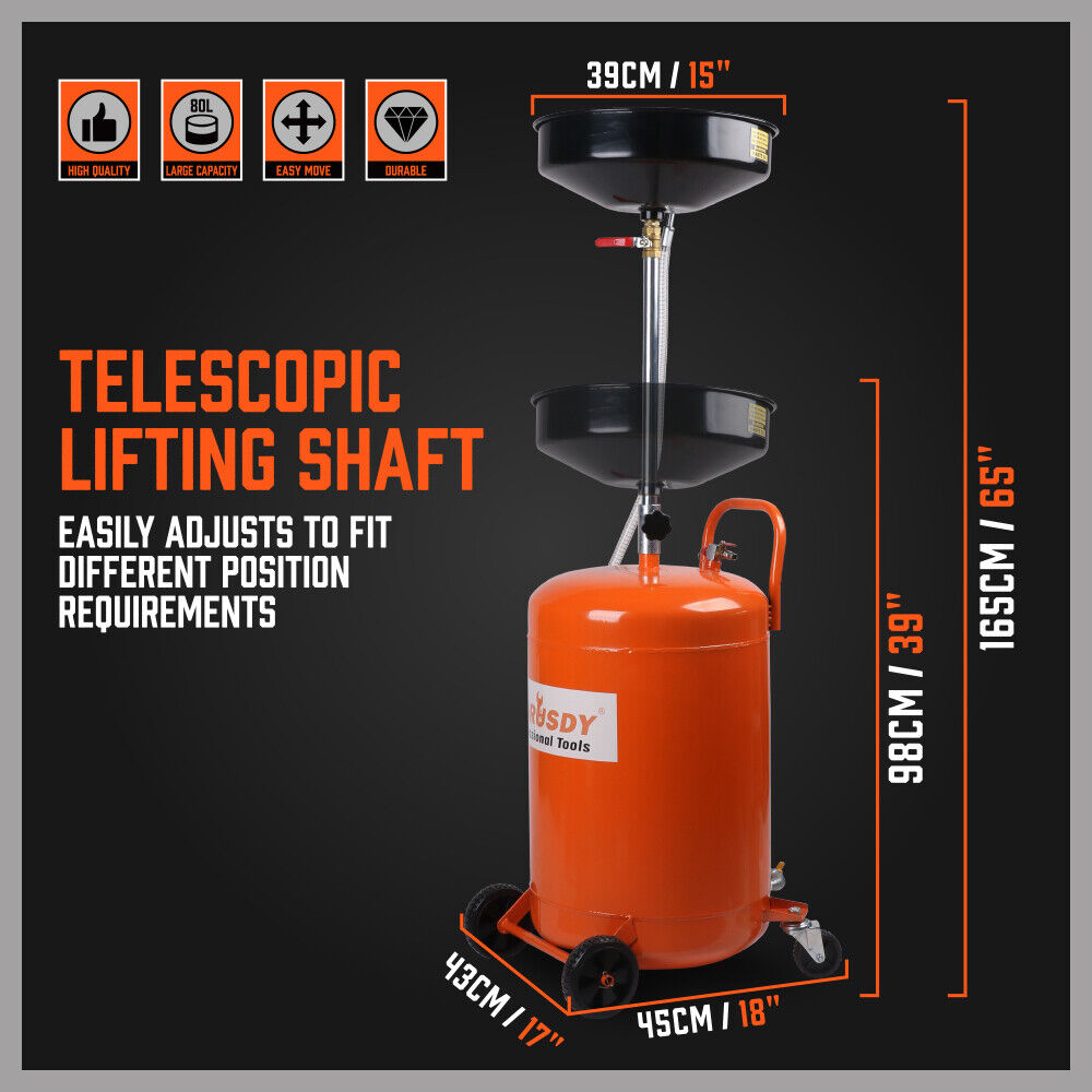 HORUSDY 80L Pneumatic Waste Oil Drainer, 98-165cm Adjustable Height, 10L Funnel, Air Pressure Operated, with Wheels for Workshop Oil and Fluid Transfer