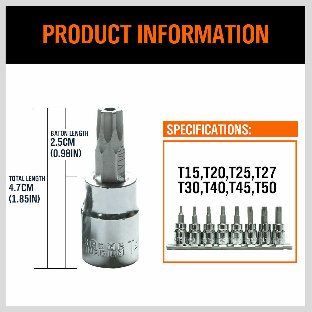 Durable 8-Piece Torx Bit Socket Set with Sizes T15-T50 - 3/8" Drive, Tamper Proof, Chrome Vanadium Steel, Includes Rail Holder